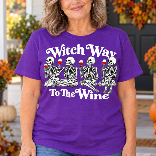 Witch Way To The Wine Skeleton Halloween Shirts