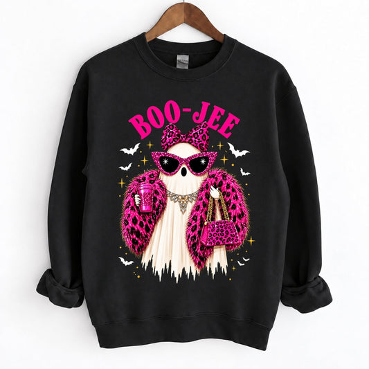 Boo-Jee Ghost Funny Boujee Halloween Pink Leopard Crewneck