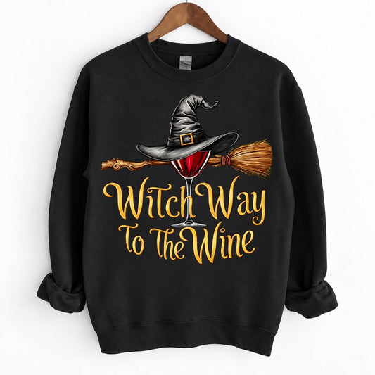 Funny Halloween Wine Lover Witch Way To The Wine Crewneck