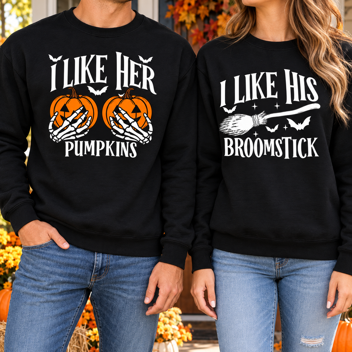 Her Pumpkins & His Broomstick Halloween Couple Sweatshirts