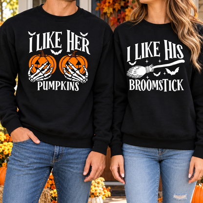 Her Pumpkins & His Broomstick Halloween Couple Sweatshirts