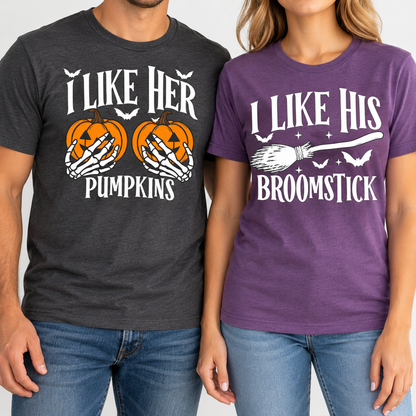 Her Pumpkins & His Broomstick Halloween Couple Tees