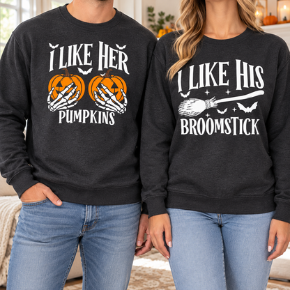 Her Pumpkins & His Broomstick Halloween Couple Sweatshirts