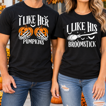 Her Pumpkins & His Broomstick Halloween Couple Tees