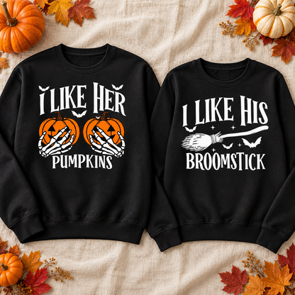 Her Pumpkins & His Broomstick Halloween Couple Sweatshirts