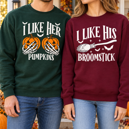 Her Pumpkins & His Broomstick Halloween Couple Sweatshirts